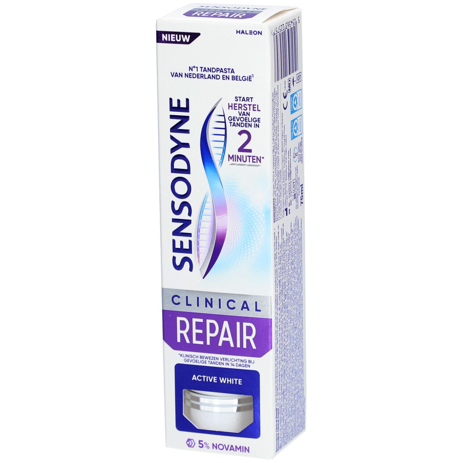 Zahncreme-Verpackung. Sensodyne Clinical Repair Active White. Weiß, rechteckig.
