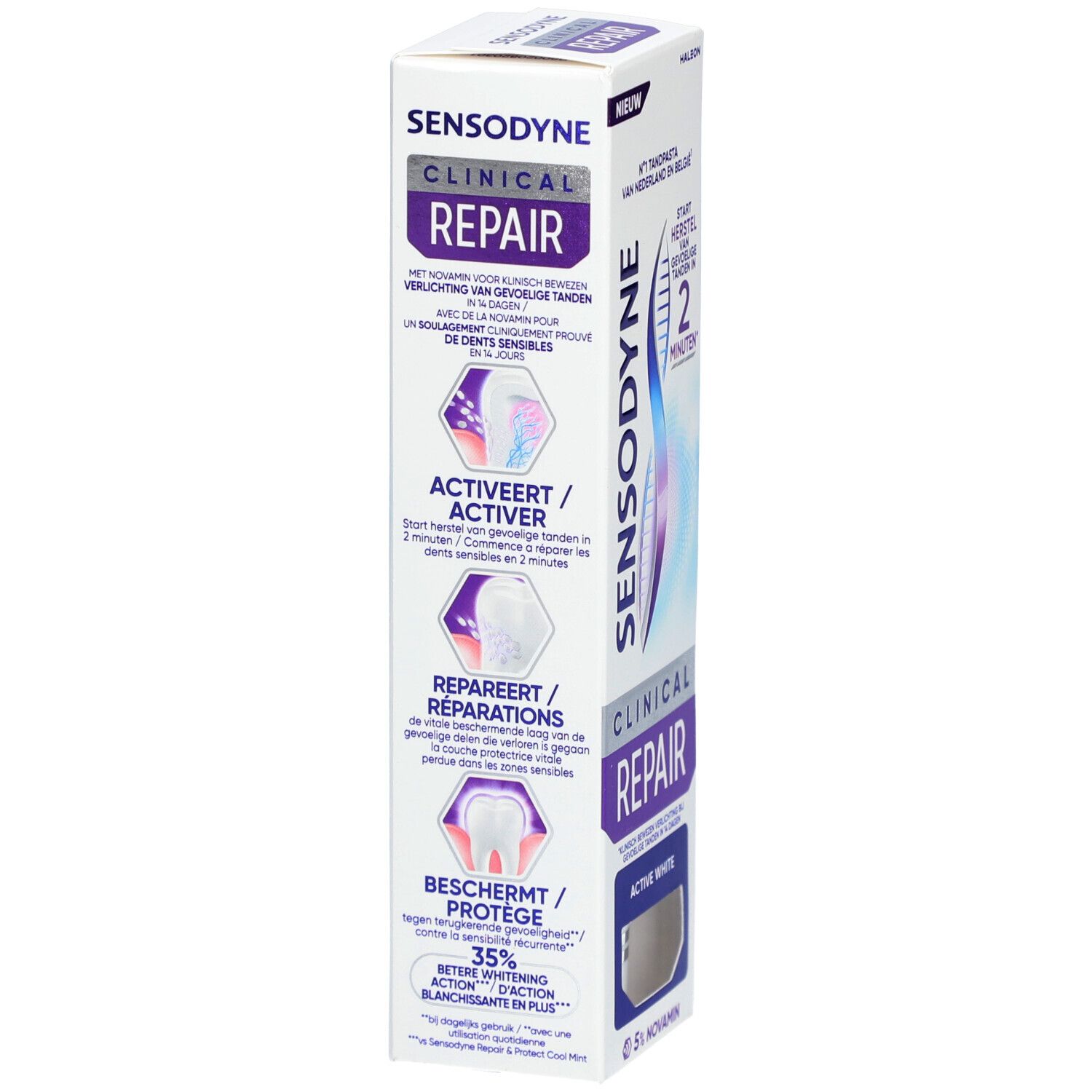 Zahncreme-Verpackung. Sensodyne Clinical Repair. Text und Grafiken. Weiß, rechteckig.