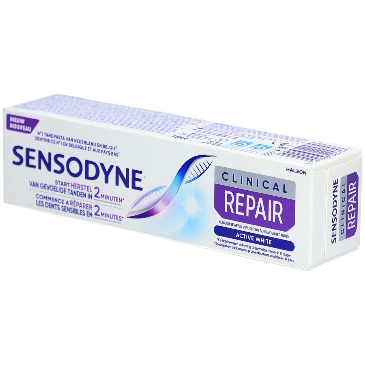 Zahncreme-Verpackung. Sensodyne Clinical Repair Active White. Weiß, rechteckig.
