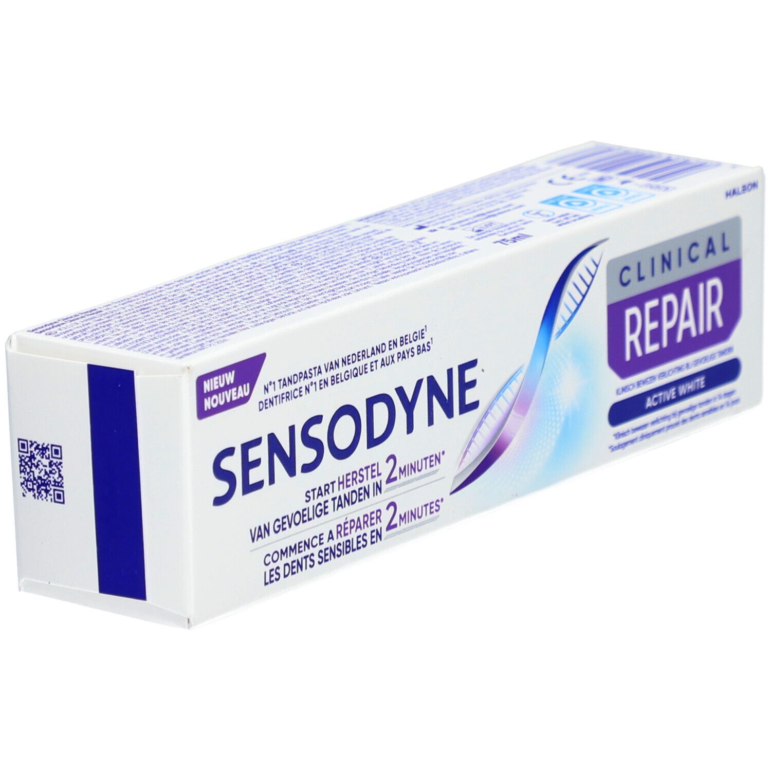 Zahncreme-Verpackung. Sensodyne Clinical Repair Active White. Weiß, rechteckig.
