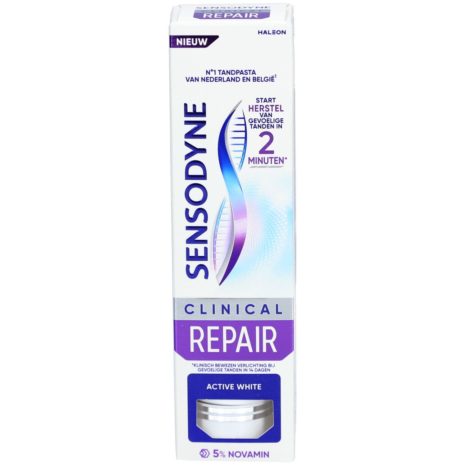 Zahncreme-Verpackung. Sensodyne Clinical Repair Active White. Weiß, rechteckig.