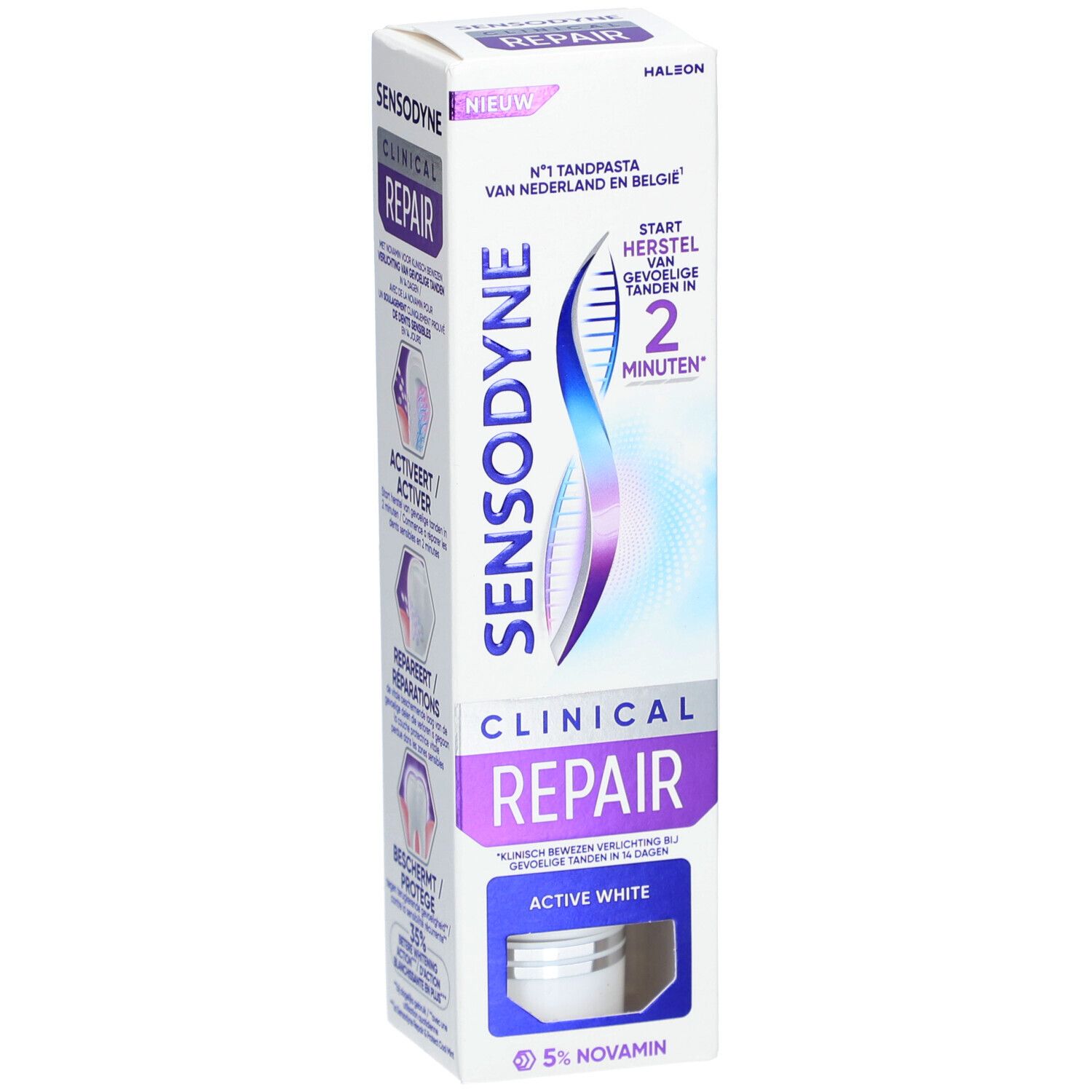 Zahncreme-Verpackung. Sensodyne Clinical Repair Active White. Weiß, rechteckig.