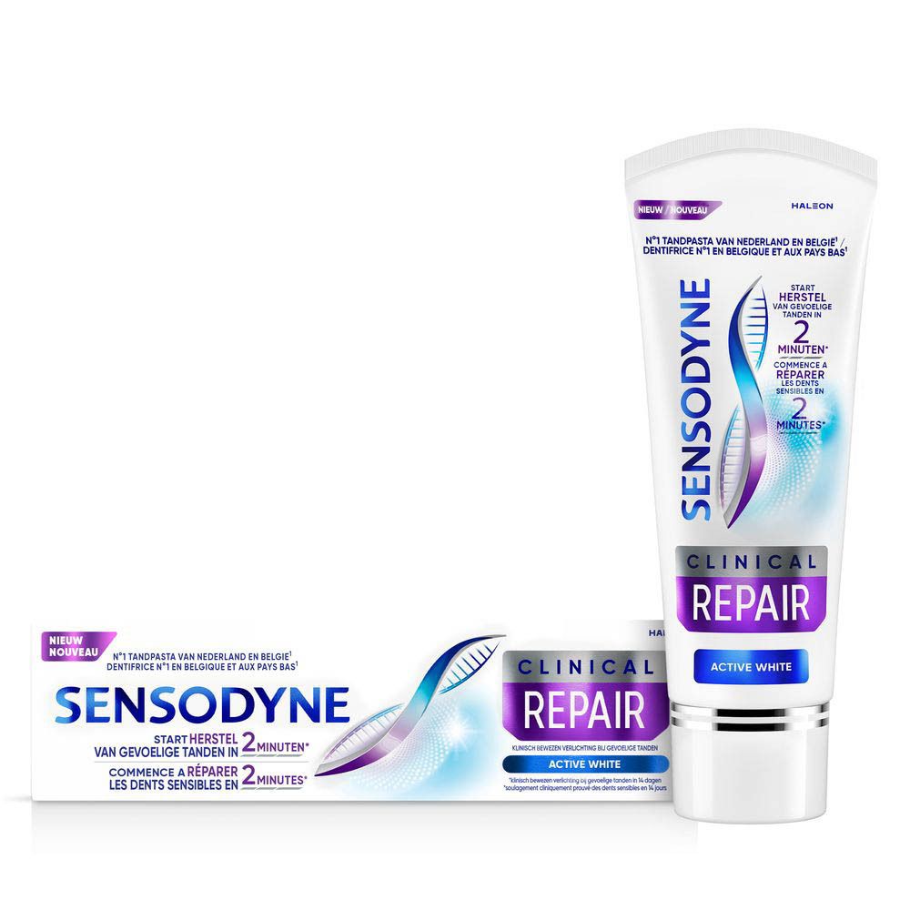 Tube et emballage de dentifrice. Sensodyne Clinical Repair Active White. Blanc.