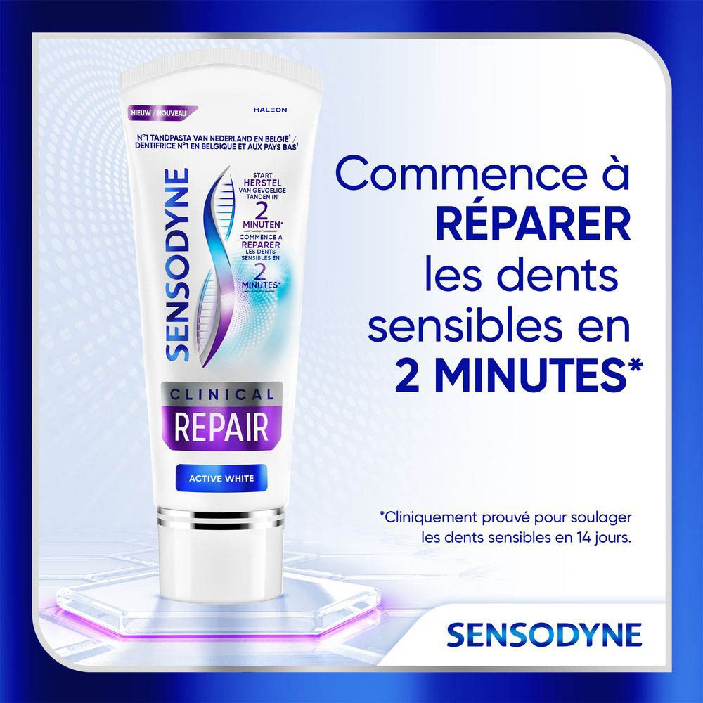 Tube de dentifrice. Sensodyne Clinical Repair Active White. Blanc, avec texte.