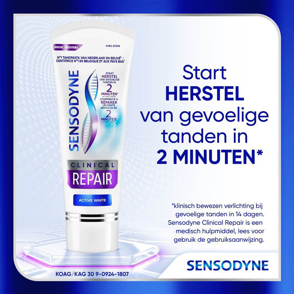 Tandpasta tube. Sensodyne Clinical Repair Active White. Wit, met tekst.