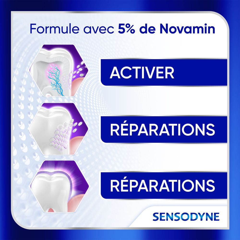 Tube de dentifrice. Sensodyne Clinical Repair Active White. Blanc, avec texte.