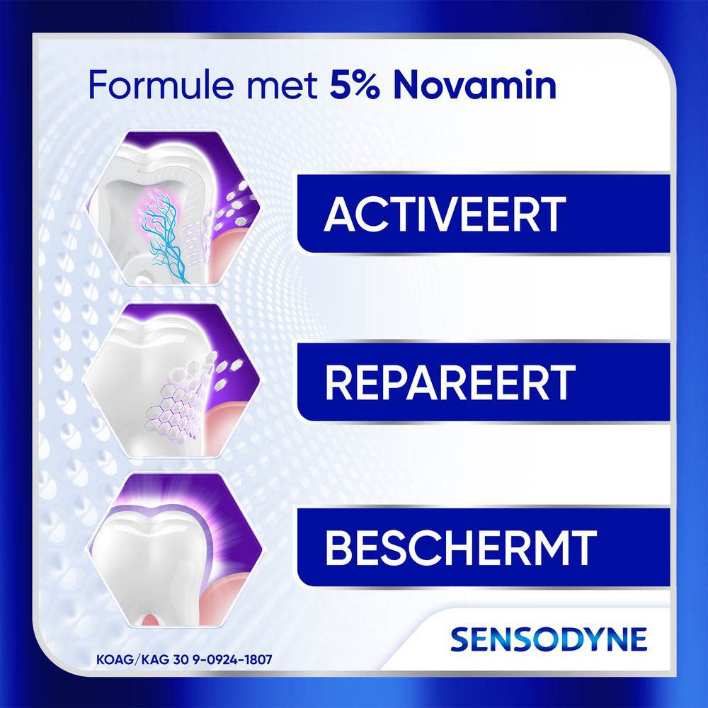 Tandpasta tube. Sensodyne Clinical Repair Active White. Wit, met tekst.