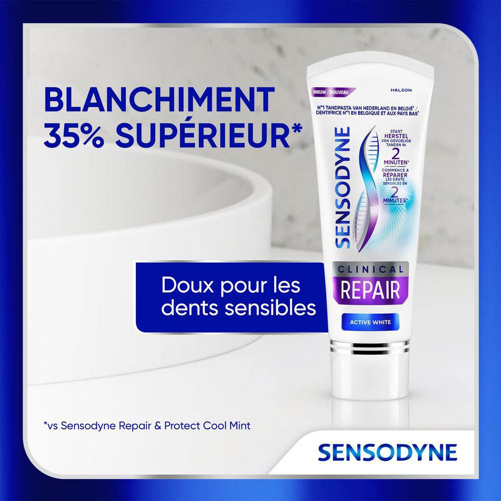 Tube de dentifrice. Sensodyne Clinical Repair Active White. Blanc, avec texte.