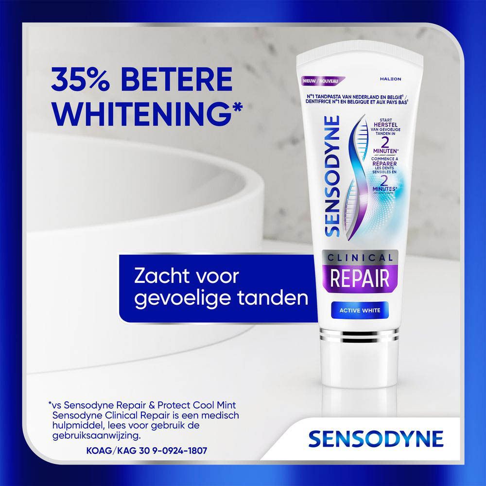 Tandpasta tube. Sensodyne Clinical Repair Active White. Wit, met tekst.