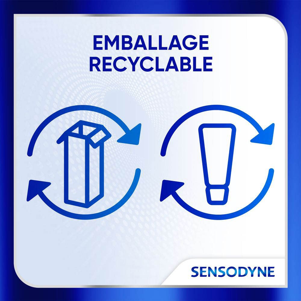 Emballage de dentifrice Sensodyne Clinical Repair Active White. Blanc, rectangulaire.