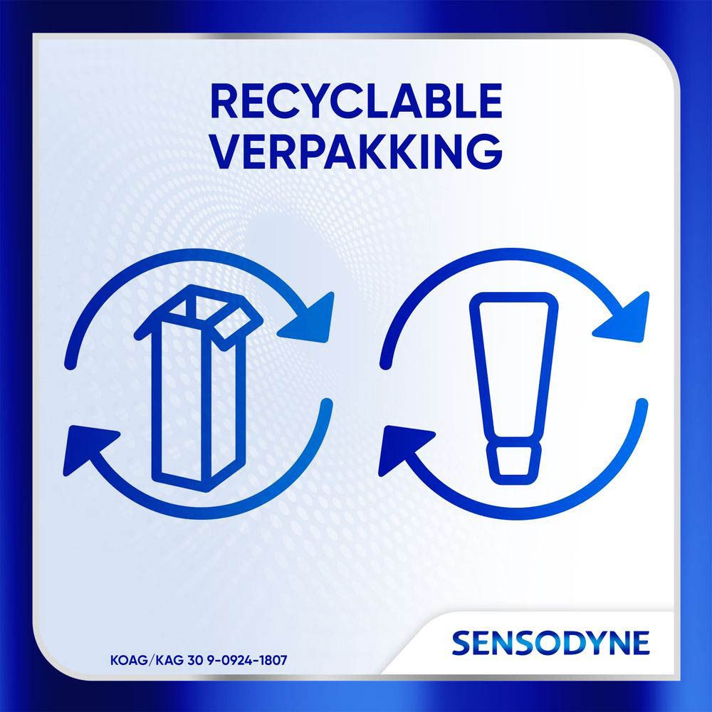 Tandpasta verpakking. Sensodyne Clinical Repair Active White. Wit, rechthoekig.