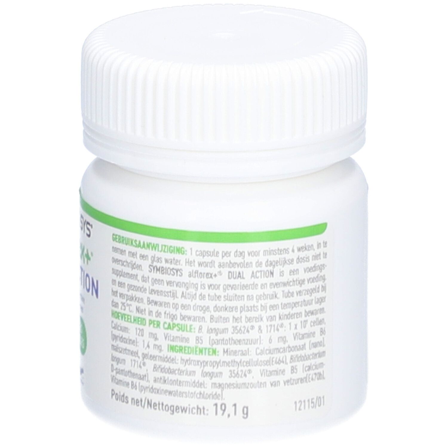 Rückseite der weißen Flasche mit Text. Aufschrift: SYMBIOSYS alflorex+ DUAL ACTION. 30 Kapseln.
