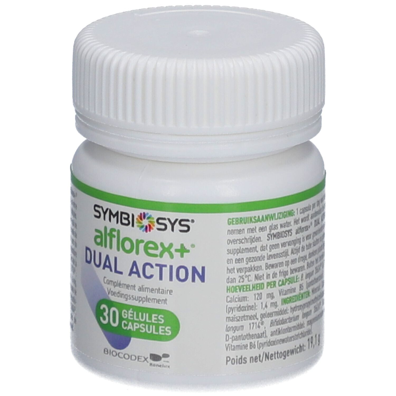 Weiße Flasche mit Text. Aufschrift: SYMBIOSYS alflorex+ DUAL ACTION. 30 Kapseln.