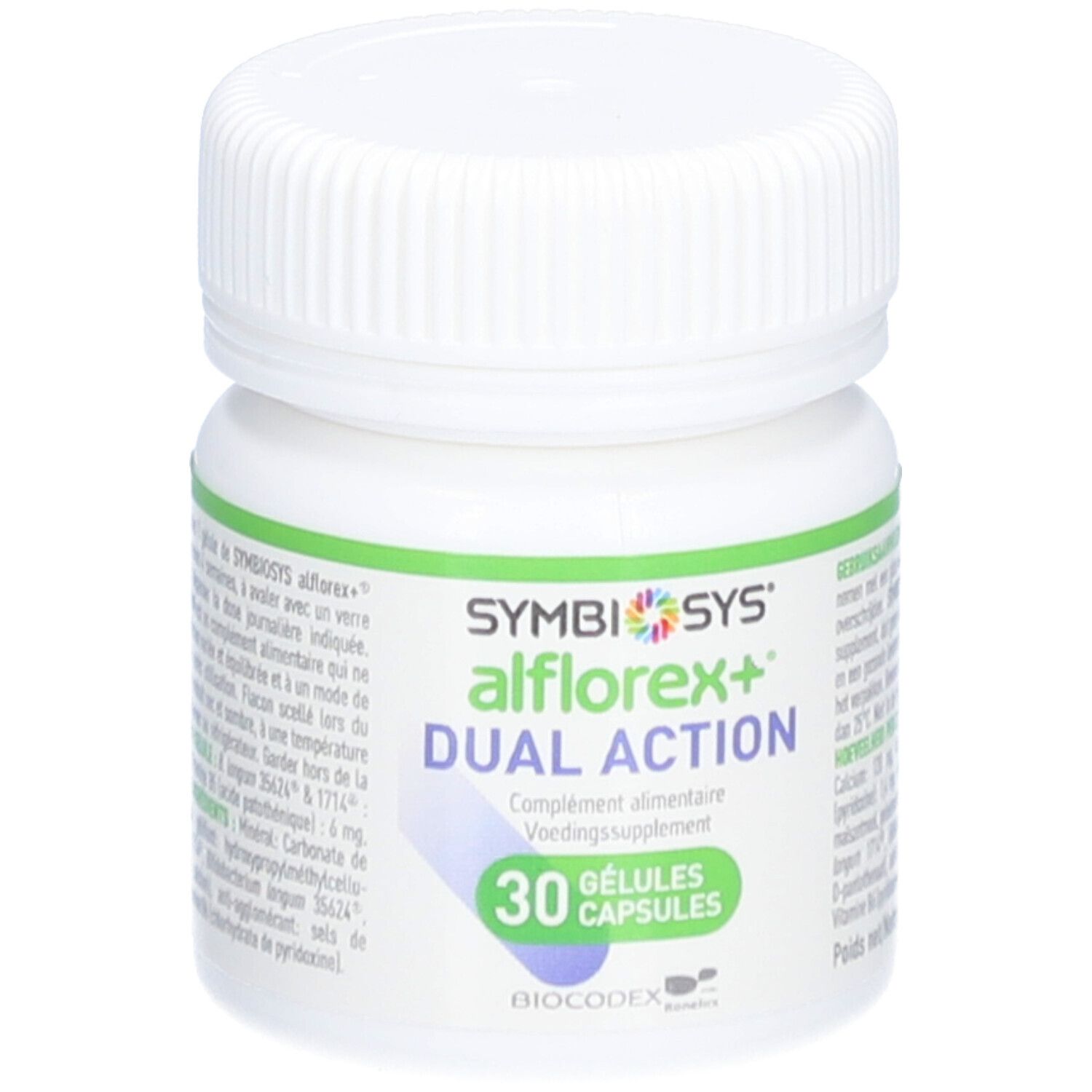 Weiße Flasche mit Text. Aufschrift: SYMBIOSYS alflorex+ DUAL ACTION. 30 Kapseln.