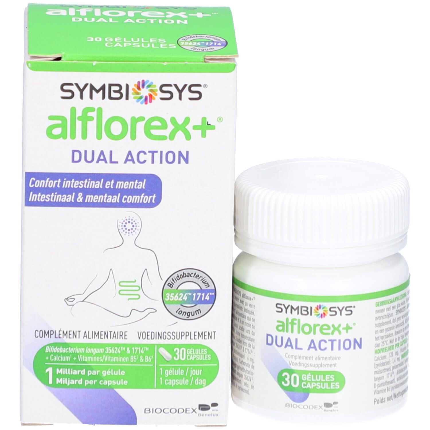 Schachtel und Flasche. Aufschrift: SYMBIOSYS alflorex+ DUAL ACTION. 30 Kapseln. Abbildung des Darms.