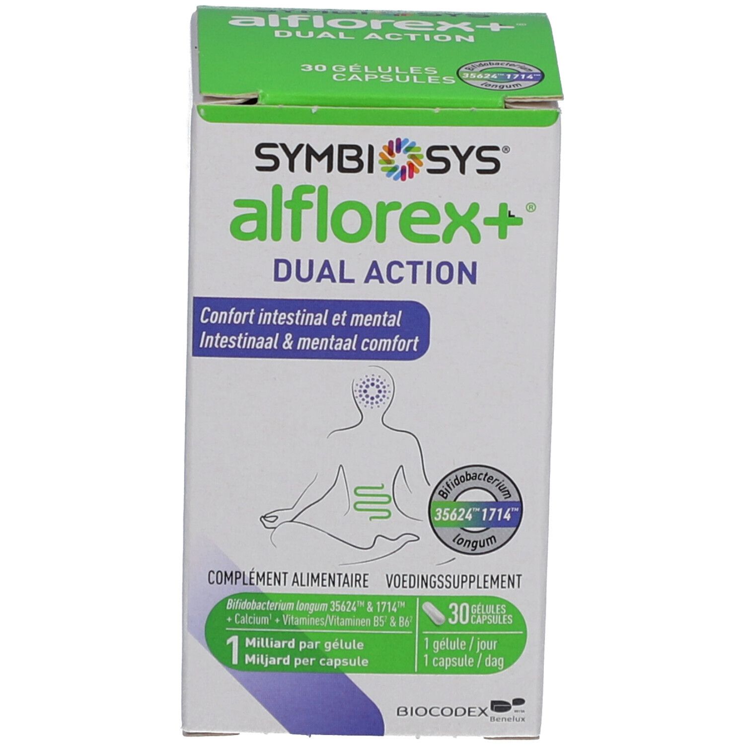 Schachtel. Aufschrift: SYMBIOSYS alflorex+ DUAL ACTION. 30 Kapseln. Abbildung des Darms.