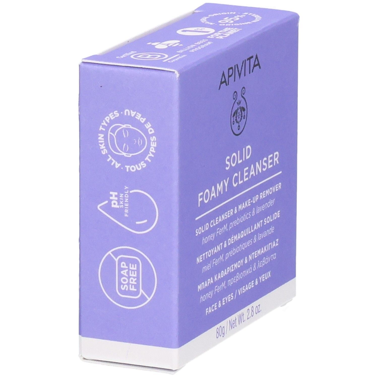 Lila Karton. Aufschrift: APIVITA, SOLID FOAMY CLEANSER. Text in mehreren Sprachen. Mit Logos. 80g/2.8 oz.