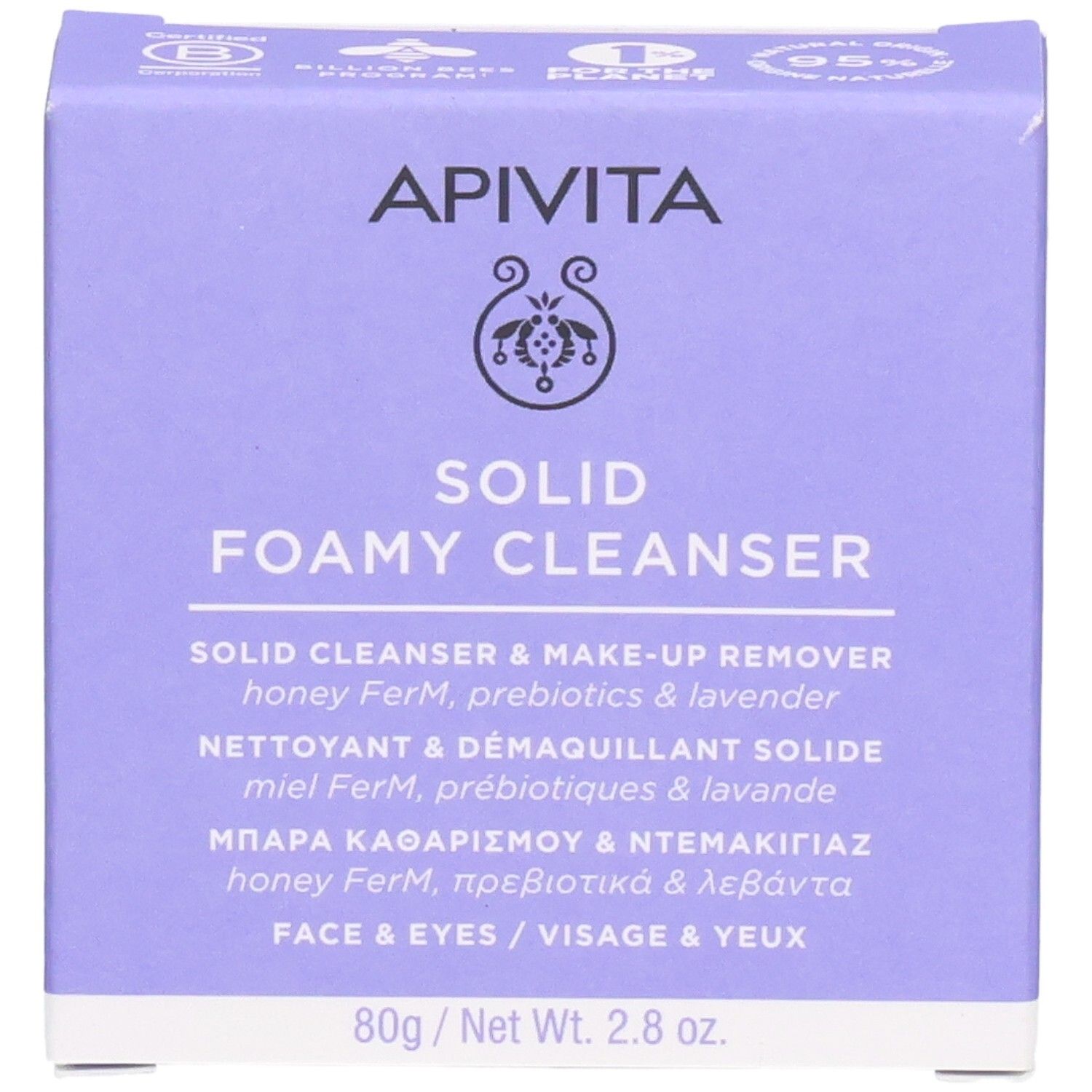 Vorderseite der lila Schachtel. Aufschrift: APIVITA, SOLID FOAMY CLEANSER. Text in mehreren Sprachen. 80g/2.8 oz.