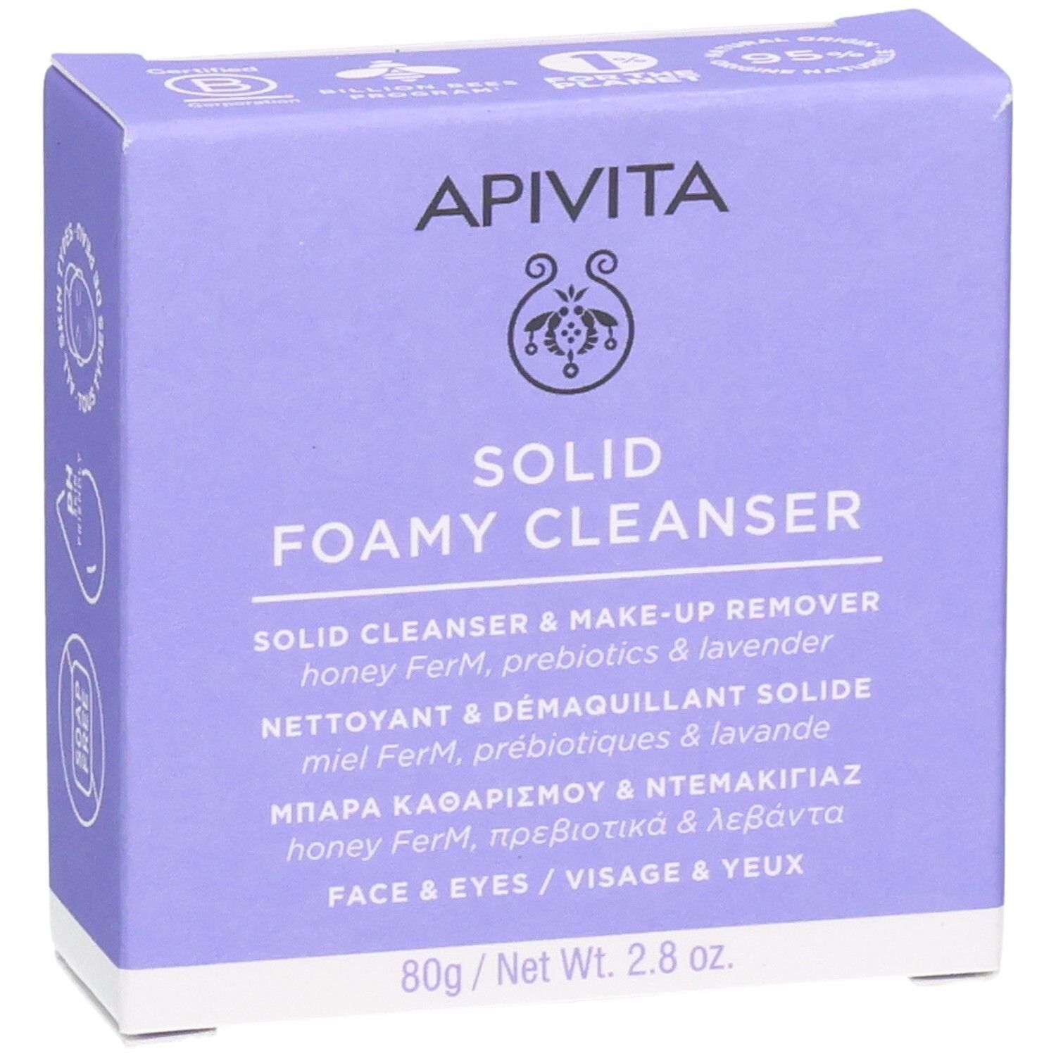 Vorderseite der lila Schachtel. Aufschrift: APIVITA, SOLID FOAMY CLEANSER. Text in mehreren Sprachen. 80g/2.8 oz.