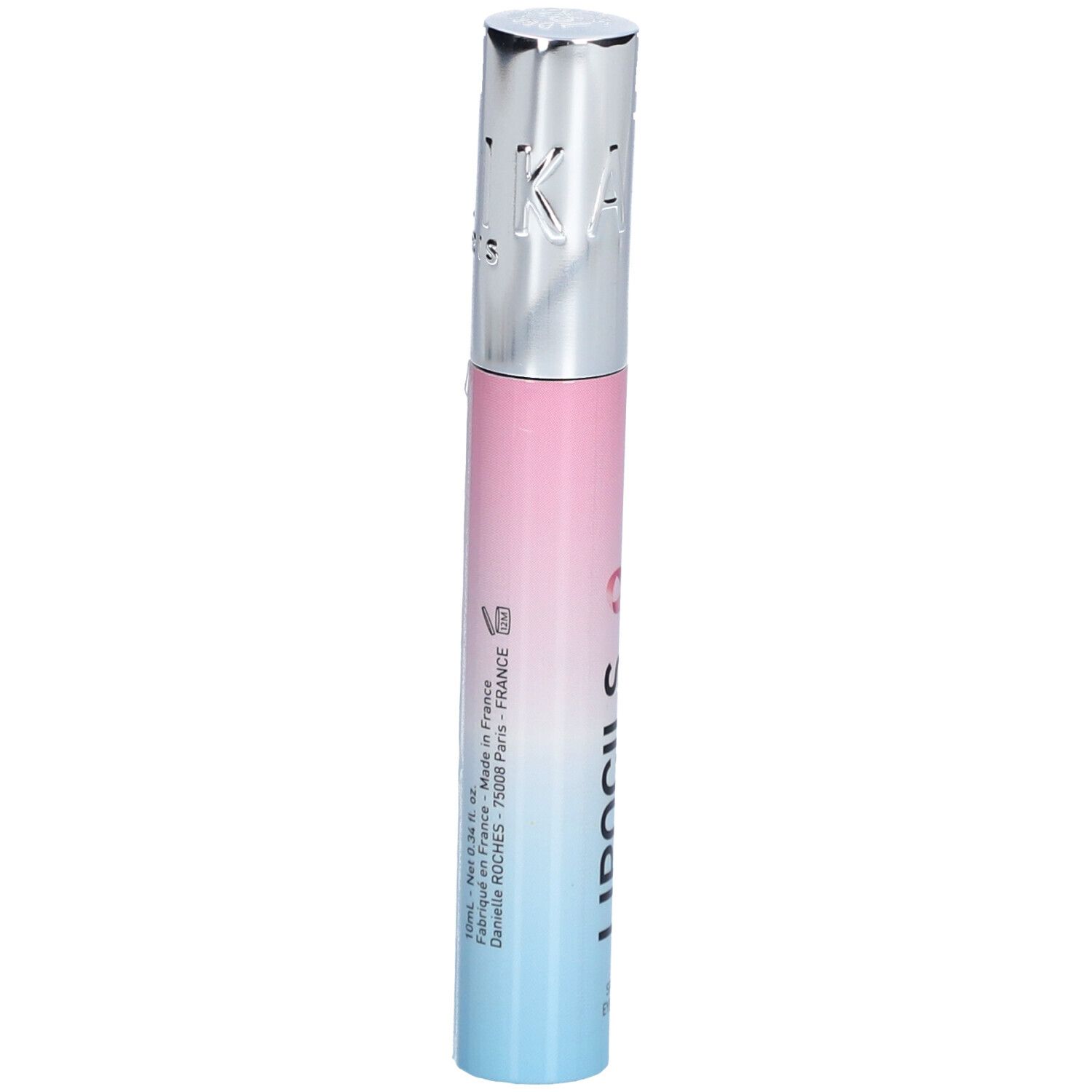 Produit cylindrique dégradé rose et bleu. Bouchon argenté. Inscription : LIPOCILS EXPERT.