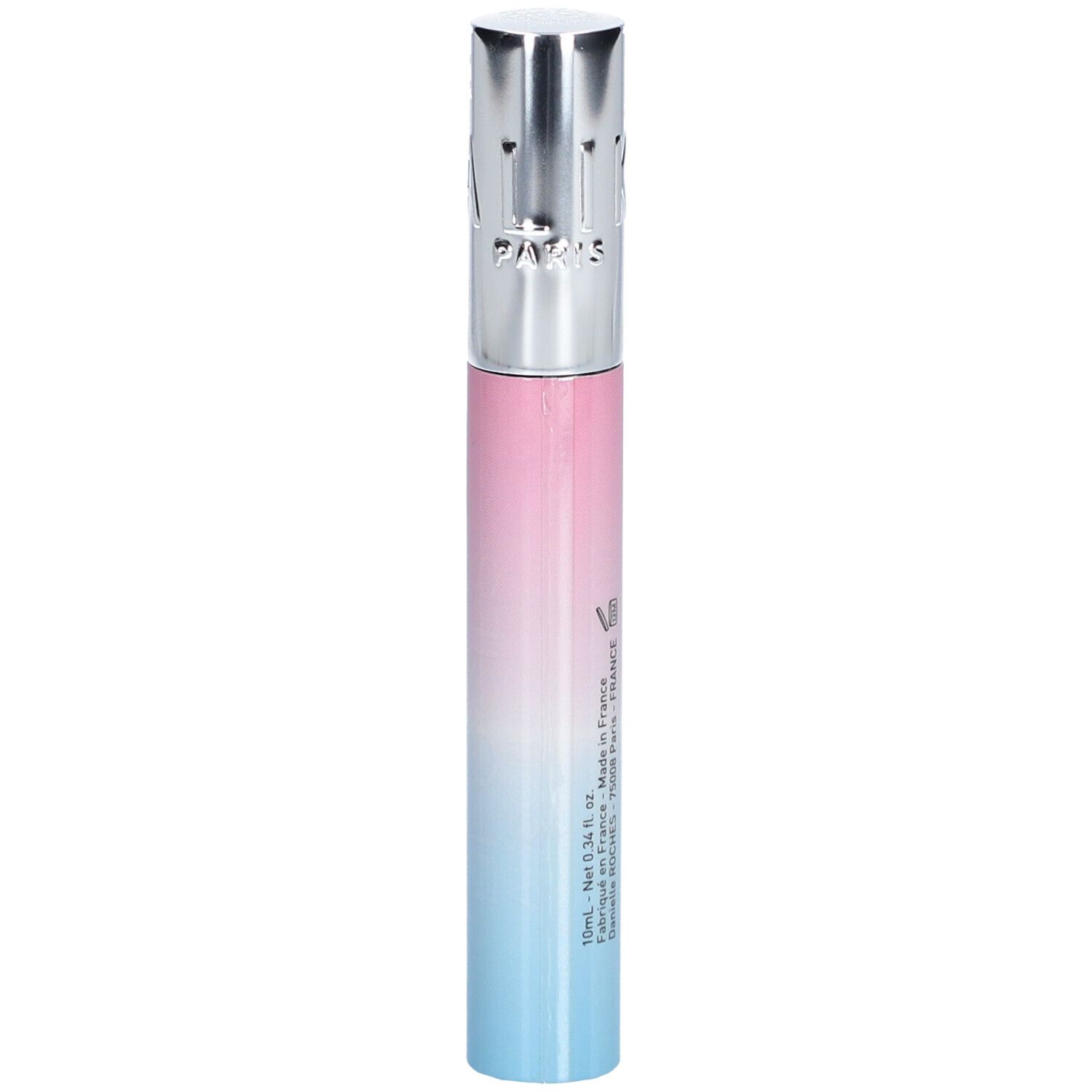 Produit cylindrique dégradé rose et bleu. Bouchon argenté. Inscription : LIPOCILS EXPERT.