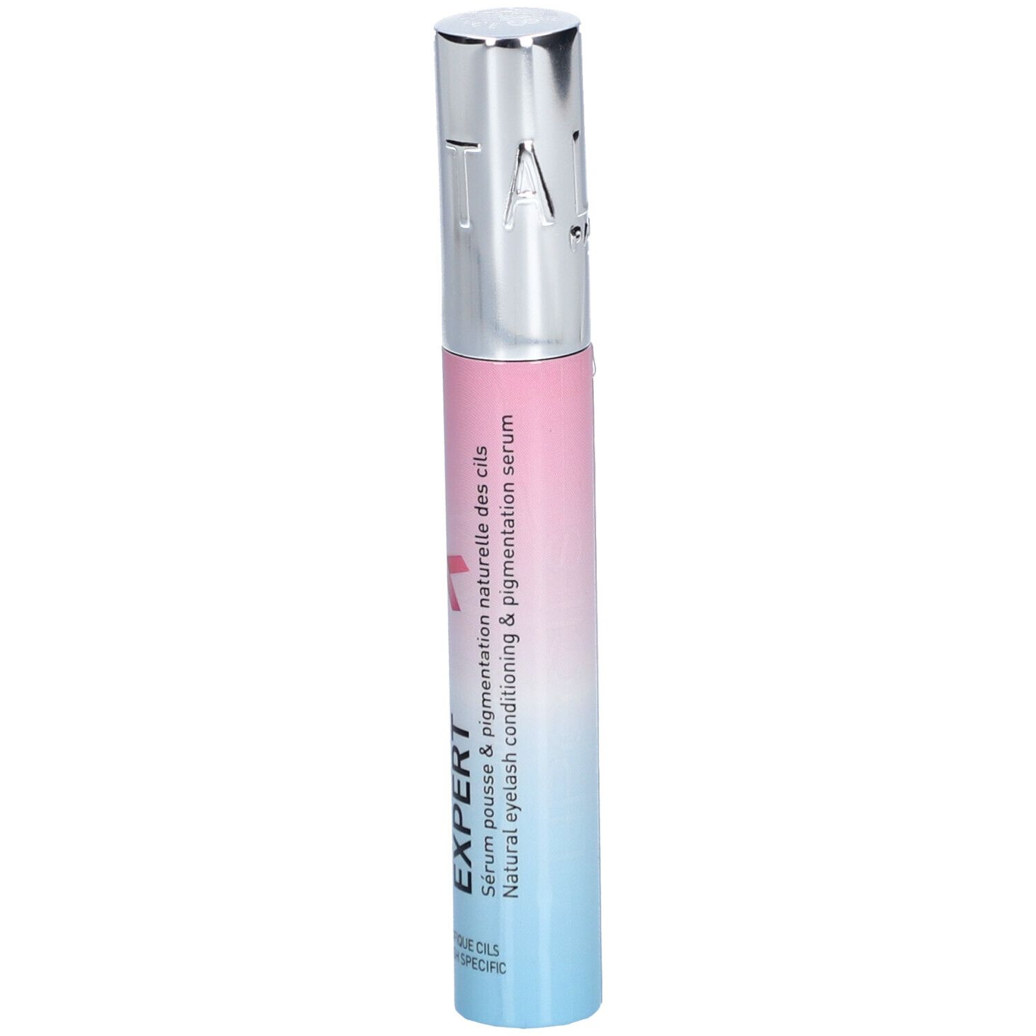 Produit cylindrique dégradé rose et bleu. Bouchon argenté. Inscription : LIPOCILS EXPERT, ruban rose.