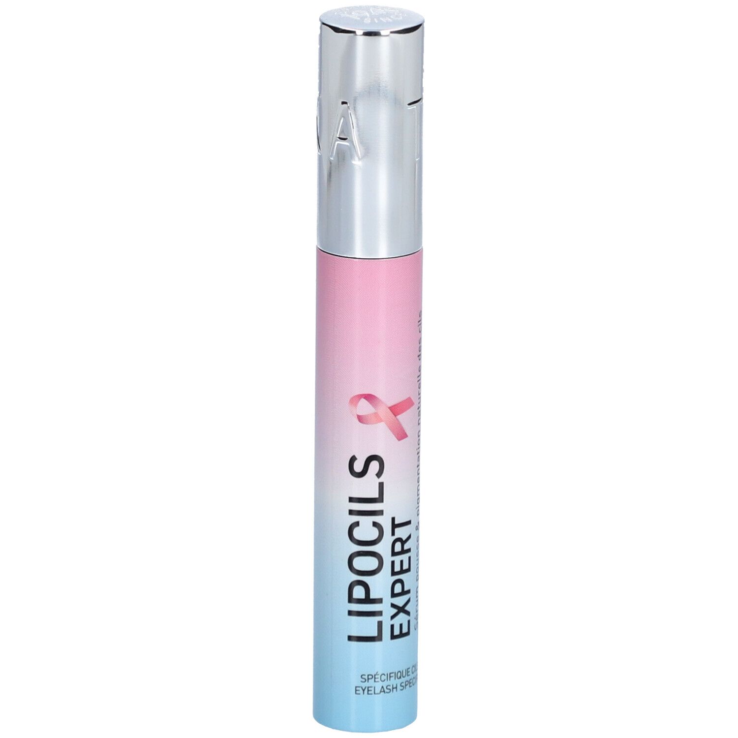Produit cylindrique dégradé rose et bleu. Bouchon argenté. Inscription : LIPOCILS EXPERT, ruban rose.
