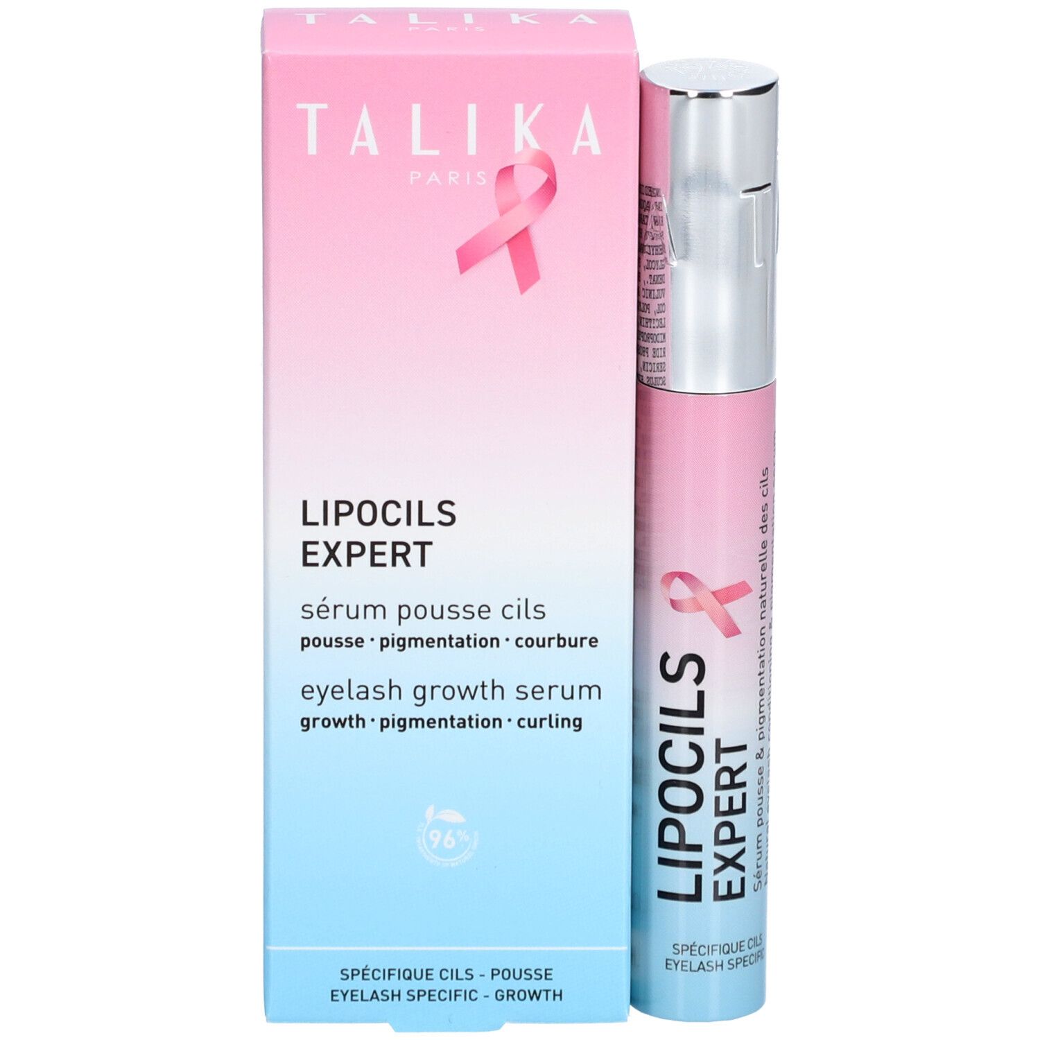 Produit et emballage. Emballage : rose-bleu, inscription : TALIKA, LIPOCILS EXPERT, ruban rose. Produit : forme cylindrique.