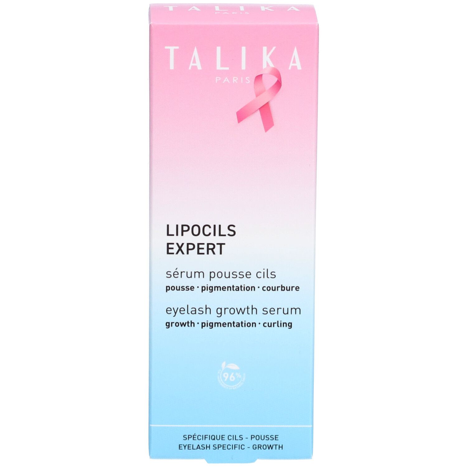 Emballage. Dégradé rose-bleu. Inscription : TALIKA, LIPOCILS EXPERT, ruban rose. Texte : sérum cils.