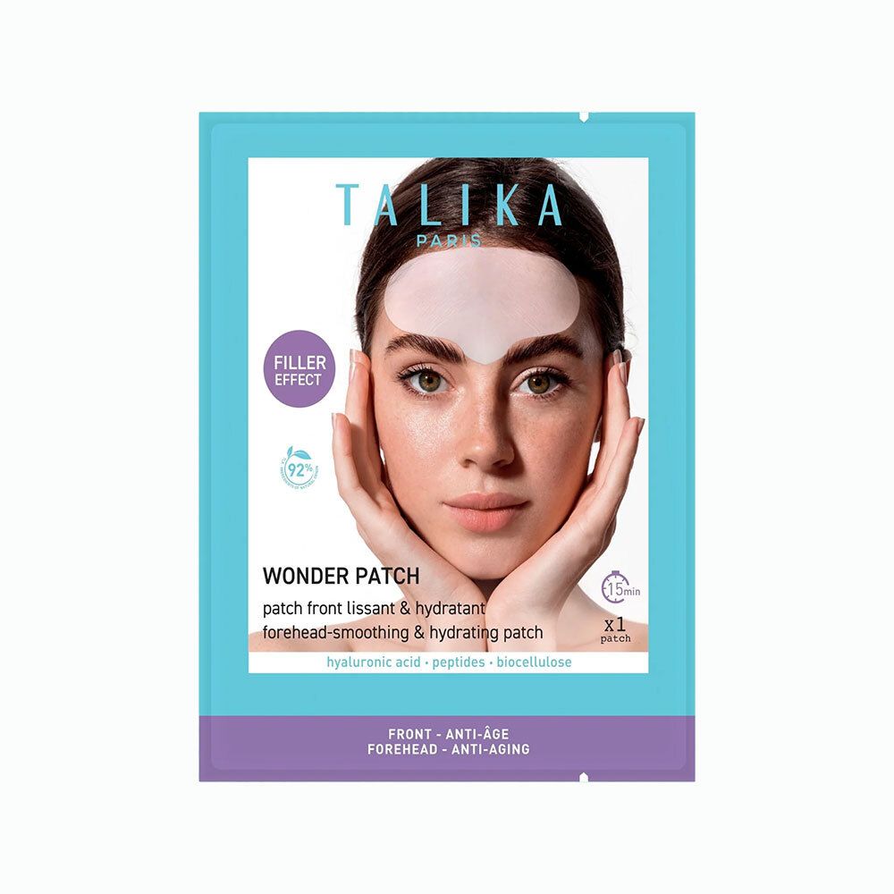Emballage Talika Wonder Patch. Visage avec patch frontal. Inscription : Filler Effect, Wonder Patch, patch front lissant & hydratant, x1 patch.