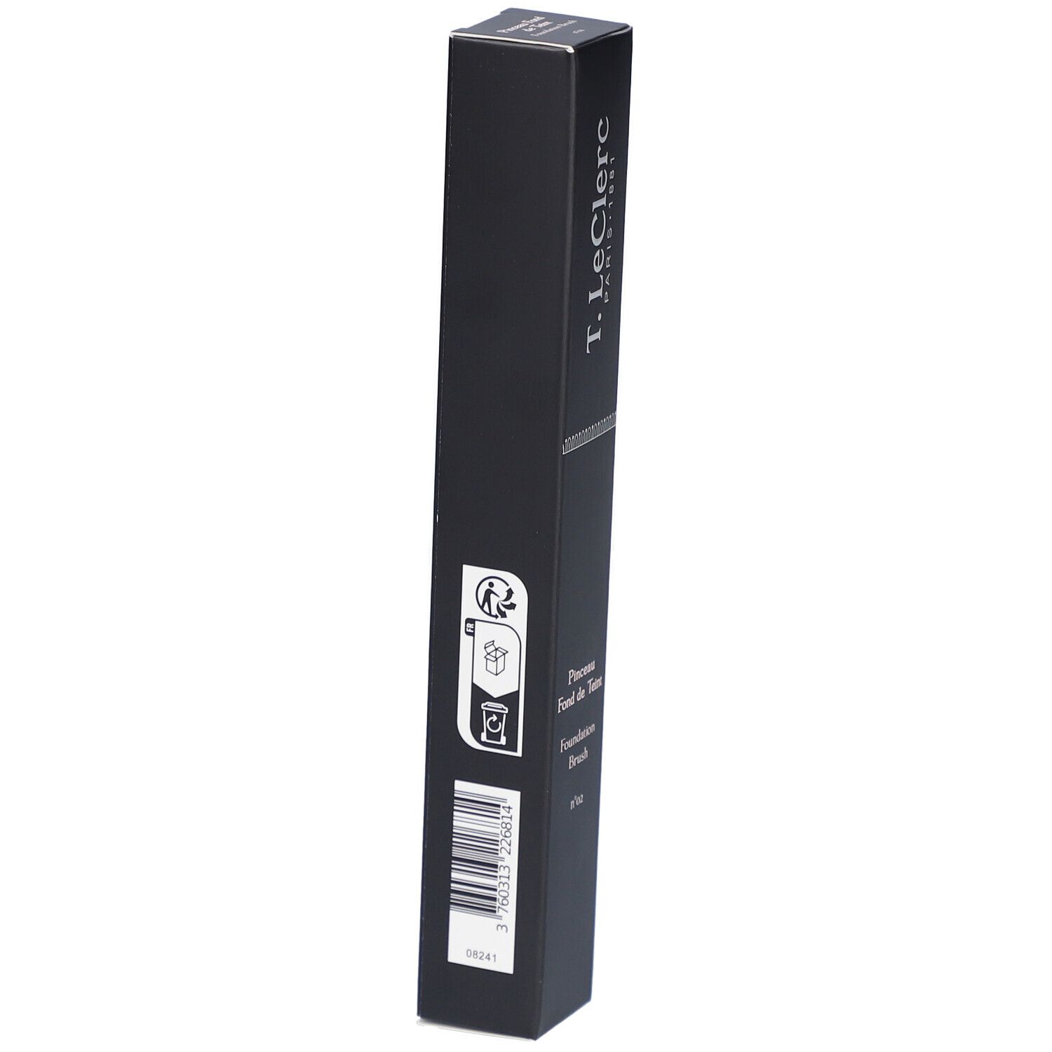 Boîte noire avec texte blanc. T. LeClerc, Pinceau Fond de Teint, Foundation Brush n°02. Avec logos.