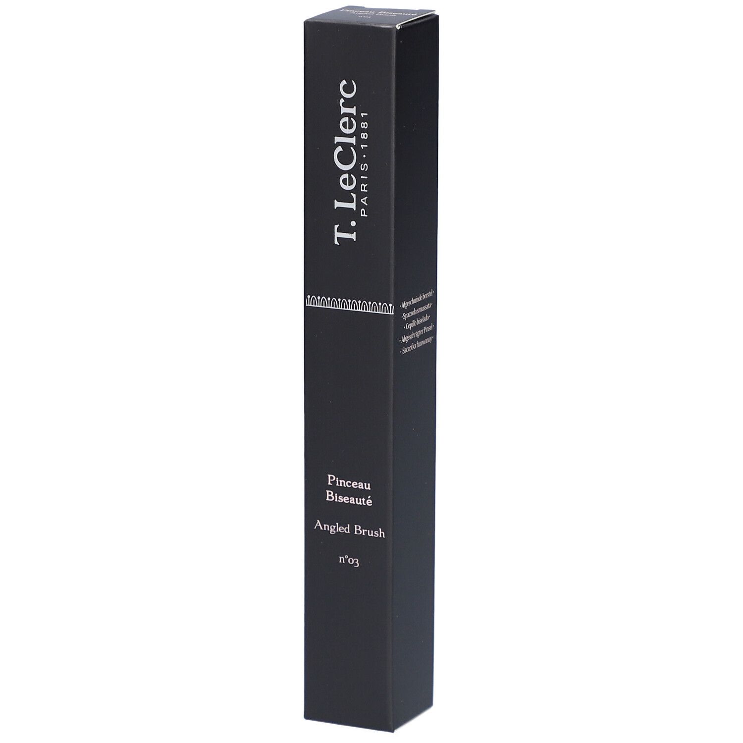 Schwarze Verpackung mit weißem Text: T. LeClerc, Pinceau Biseauté, Angled Brush n°03. Längliche Form.
