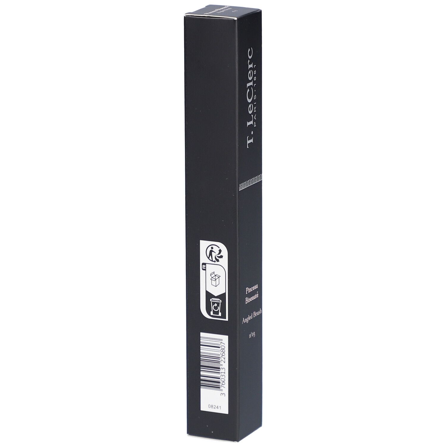 Schwarze Verpackung mit weißem Text und Barcode. T. LeClerc, Pinceau Biseauté, Angled Brush n°03. Längliche Form.