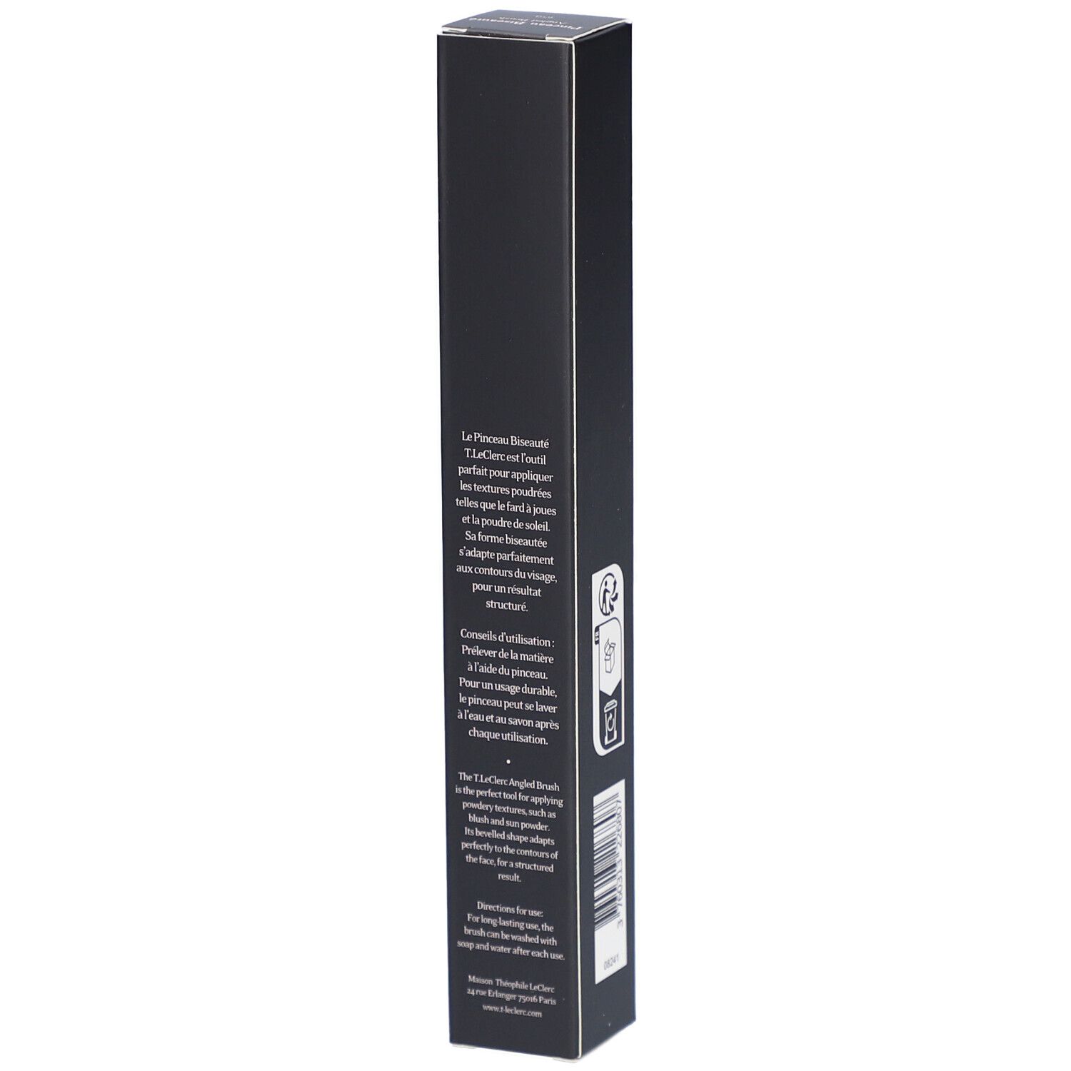 Schwarze Verpackung mit Text in Weiß. T. LeClerc, Pinceau Biseauté, Angled Brush n°03. Produktbeschreibung und Anwendungshinweise.