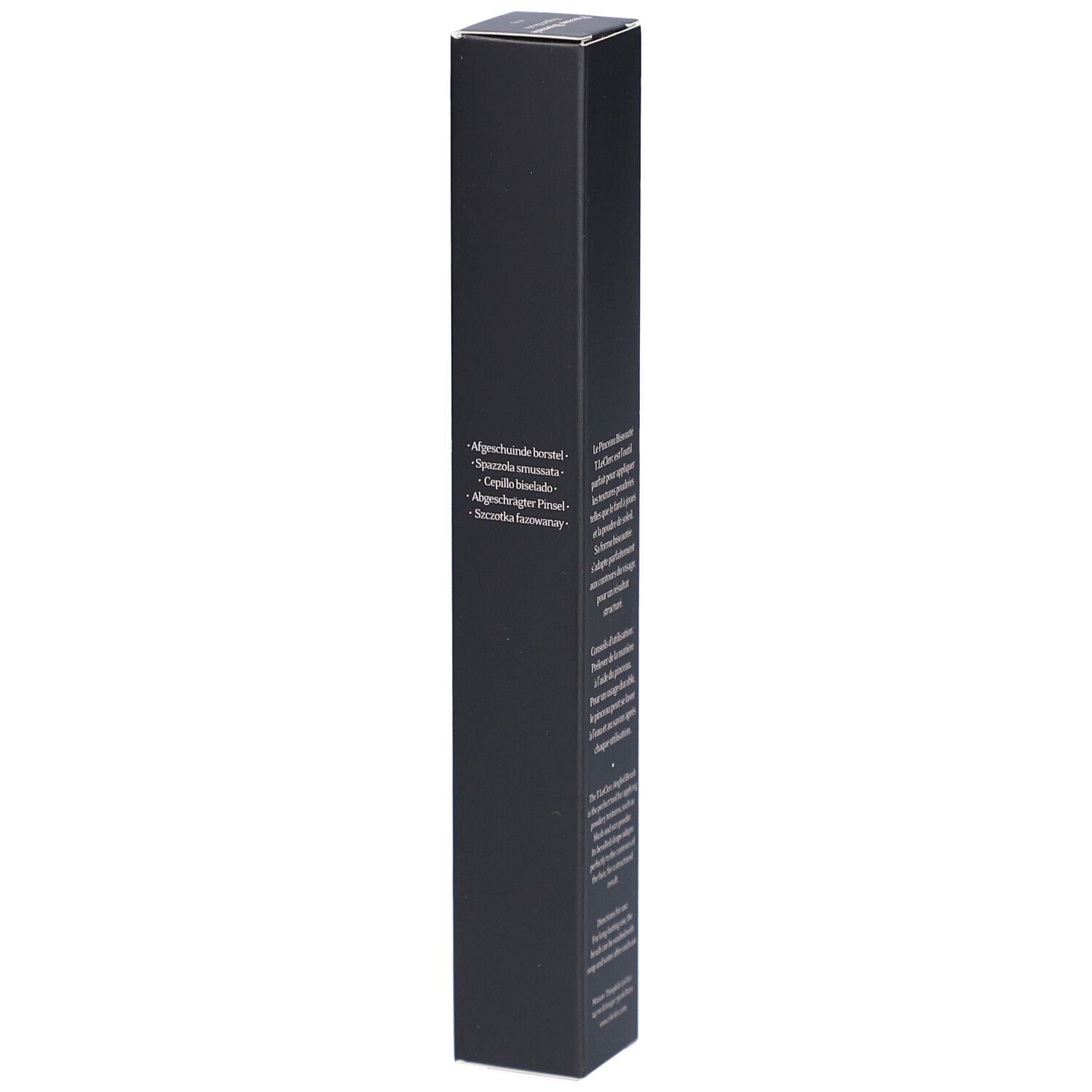 Schwarze Verpackung mit weißem Text. T. LeClerc, Pinceau Biseauté, Angled Brush n°03. Auflistung der Inhaltsstoffe.