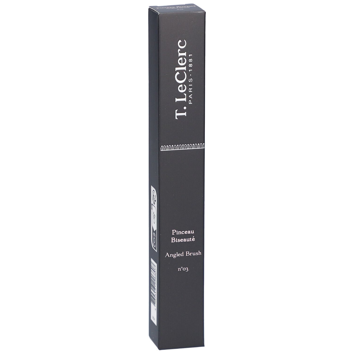 Schwarze Verpackung mit weißem Text: T. LeClerc, Pinceau Biseauté, Angled Brush n°03. Längliche Form.