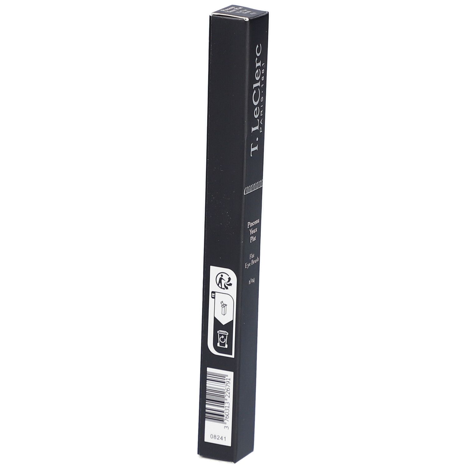 Schwarze Verpackung mit Produktinformationen und Barcode. Aufschrift: T. LeClerc, Pinceau Yeux Plat, Flat Eye Brush n°04.