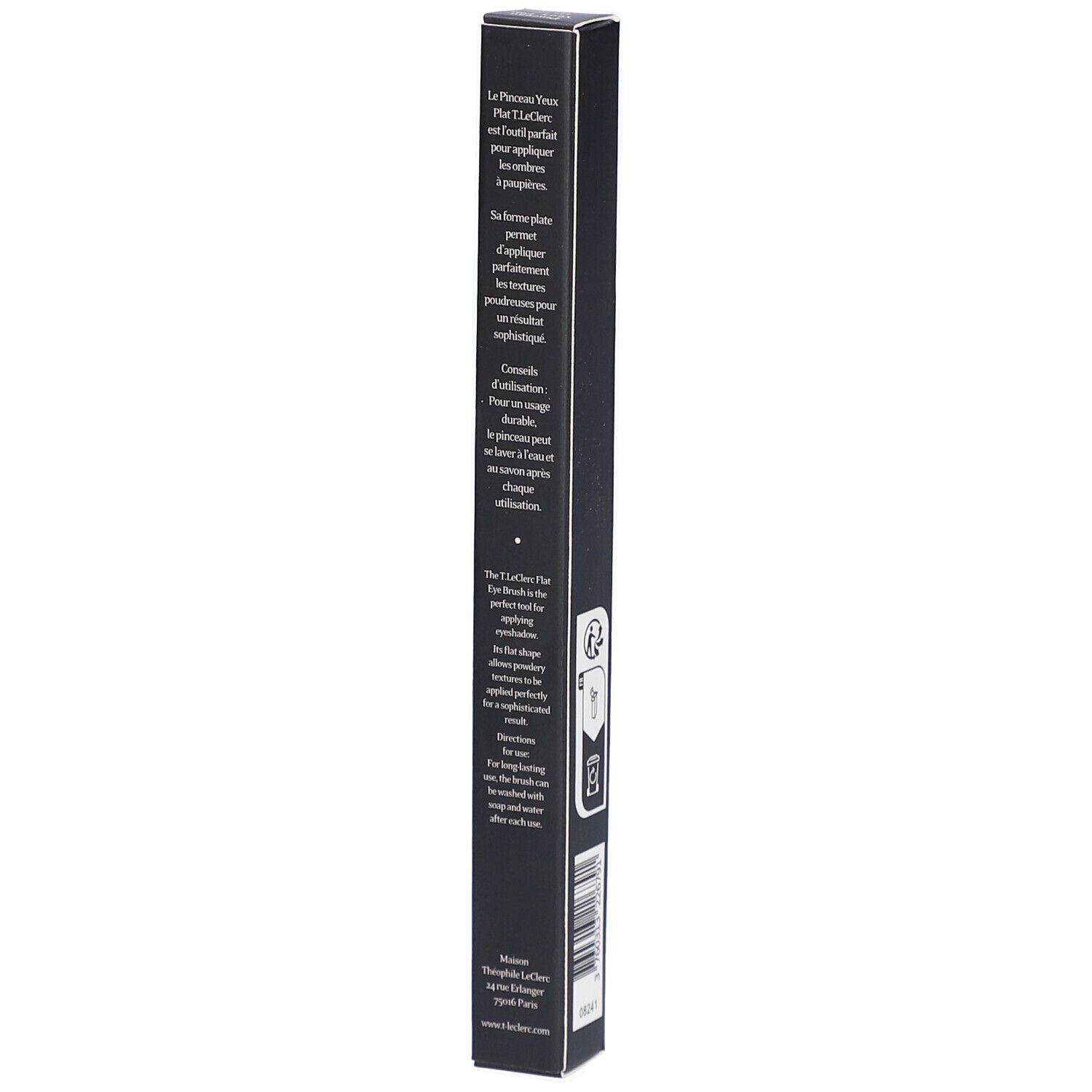 Schwarze Verpackung mit Produktbeschreibung in französischer Sprache. Aufschrift: T. LeClerc, Pinceau Yeux Plat, Flat Eye Brush n°04.