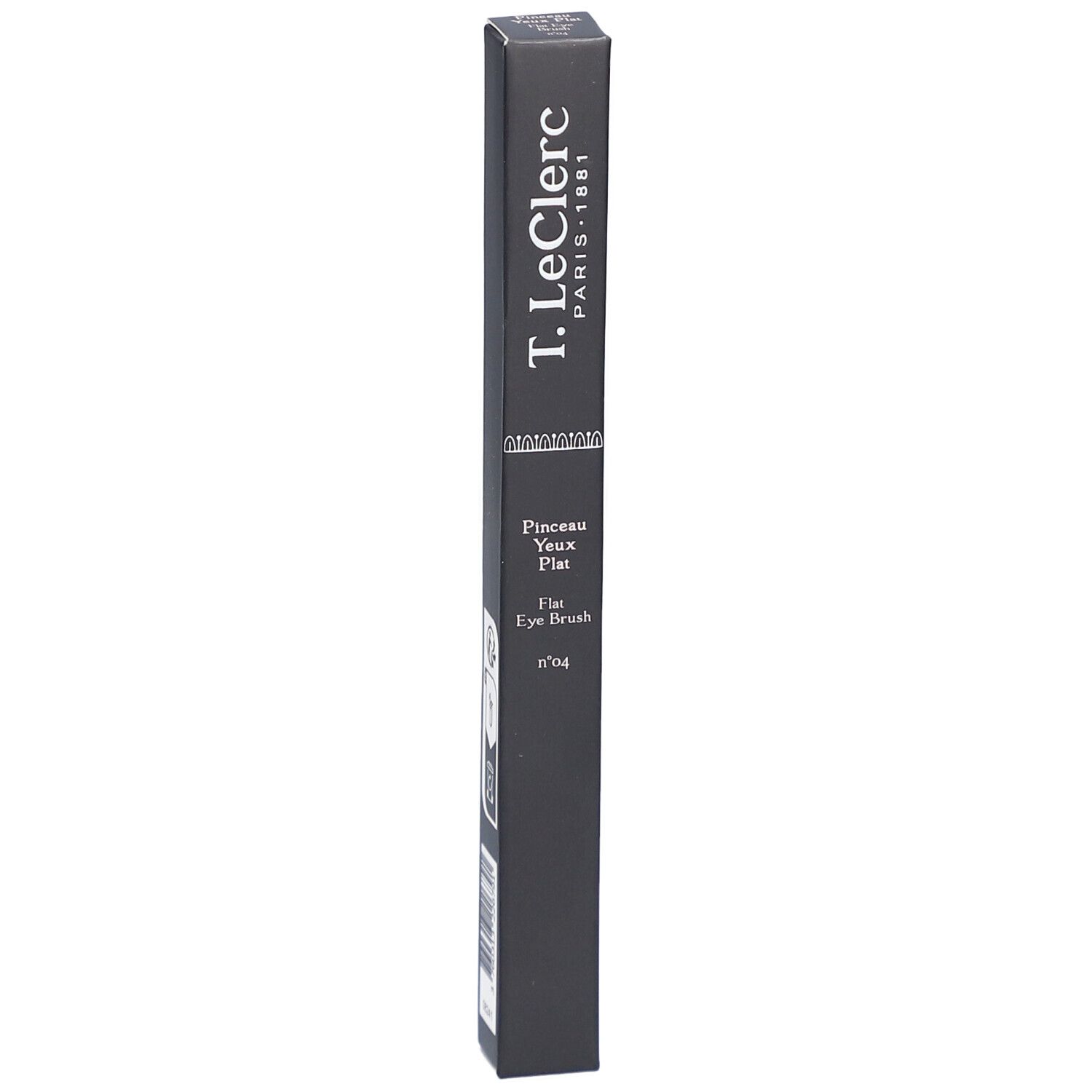 Schwarze Verpackung mit Produktinformationen. Aufschrift: T. LeClerc, Pinceau Yeux Plat, Flat Eye Brush n°04.