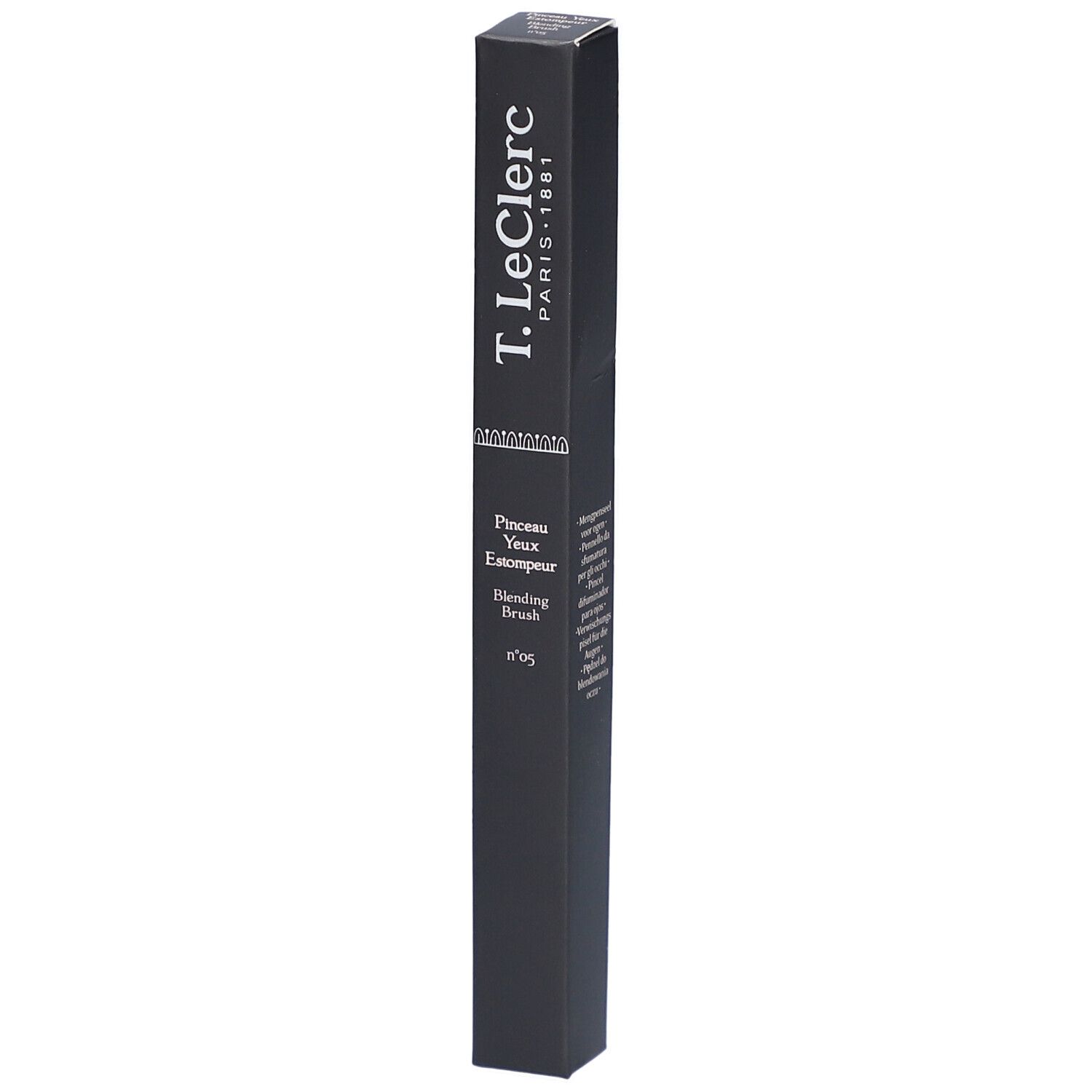Schwarze Verpackung mit Produktinformationen. Aufschrift: T. LeClerc Paris 1881, Pinceau Yeux Estompeur Blending Brush Nr. 05.