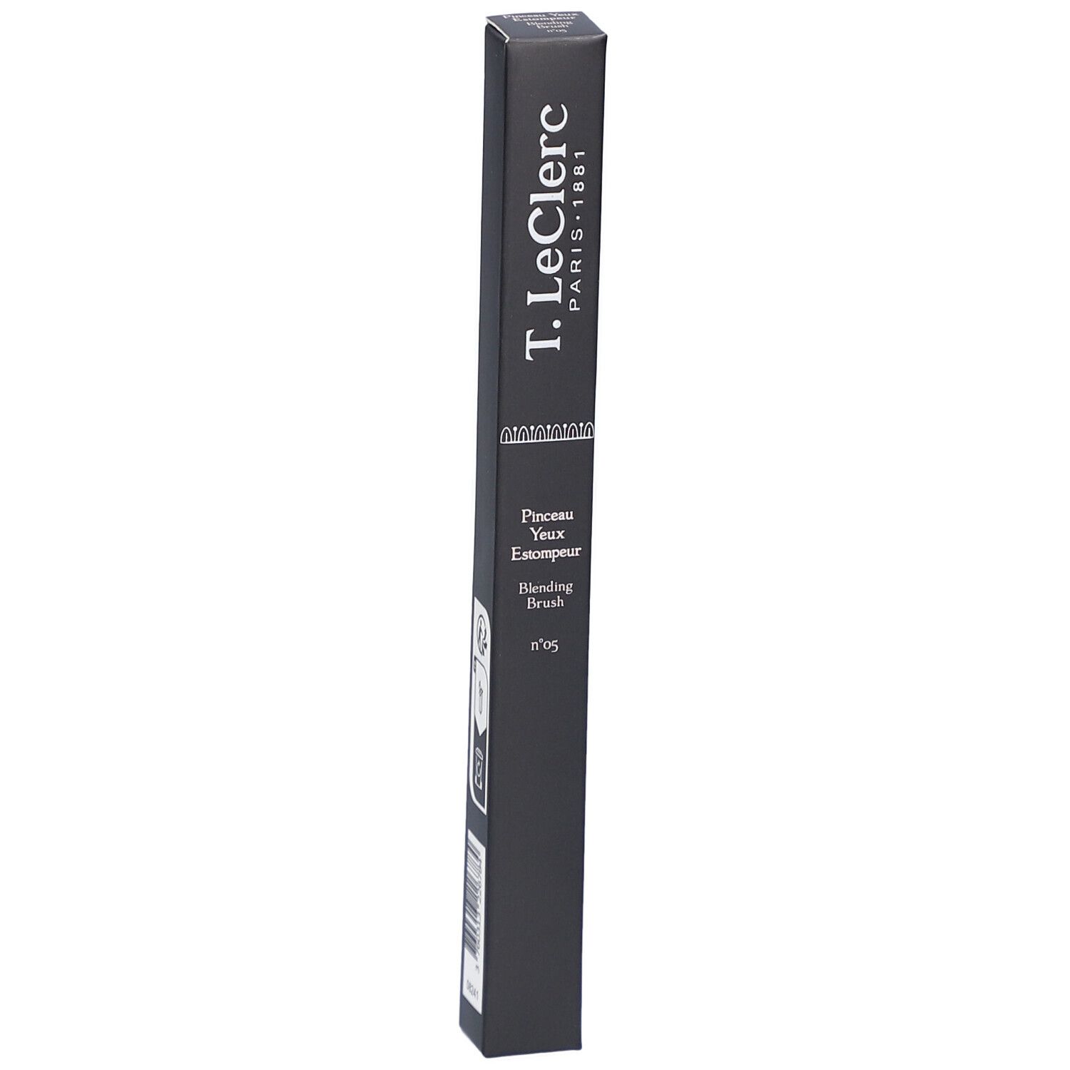 Schwarze Verpackung mit Produktinformationen. Aufschrift: T. LeClerc Paris 1881, Pinceau Yeux Estompeur Blending Brush Nr. 05.