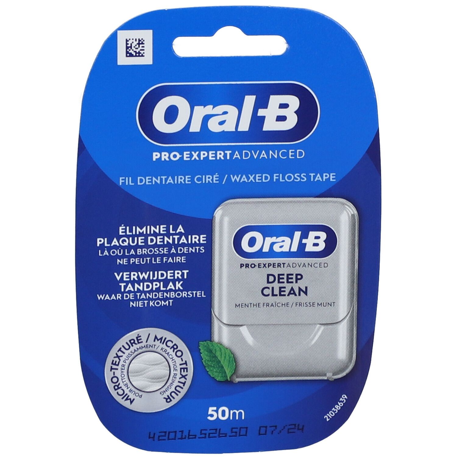 Zahnseide-Packung. Oral-B Pro-Expert Advanced. Blaue Verpackung mit Produkt und Text. 50m.