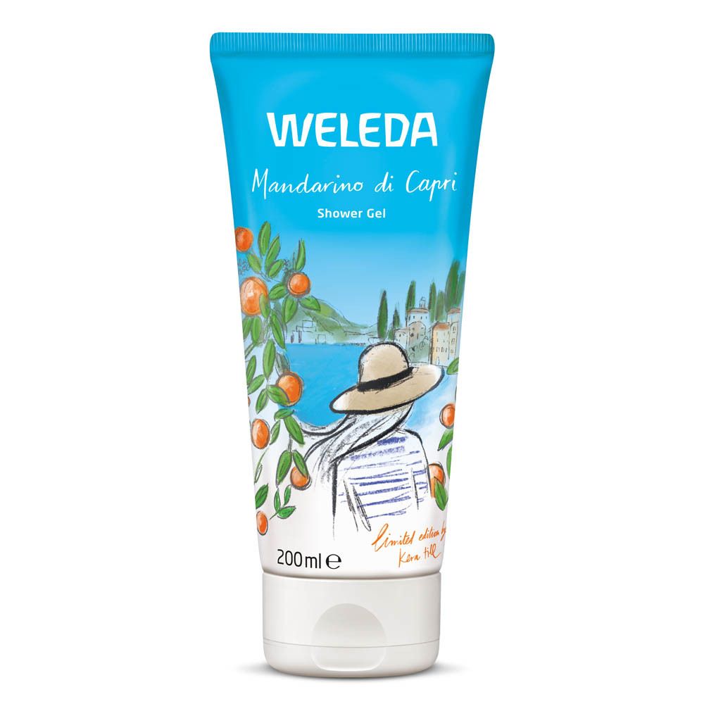 Lichtblauwe tube met Weleda-logo en Mandarino di Capri. Illustratie van vrouw met hoed, uitzicht op zee. 200ml.
