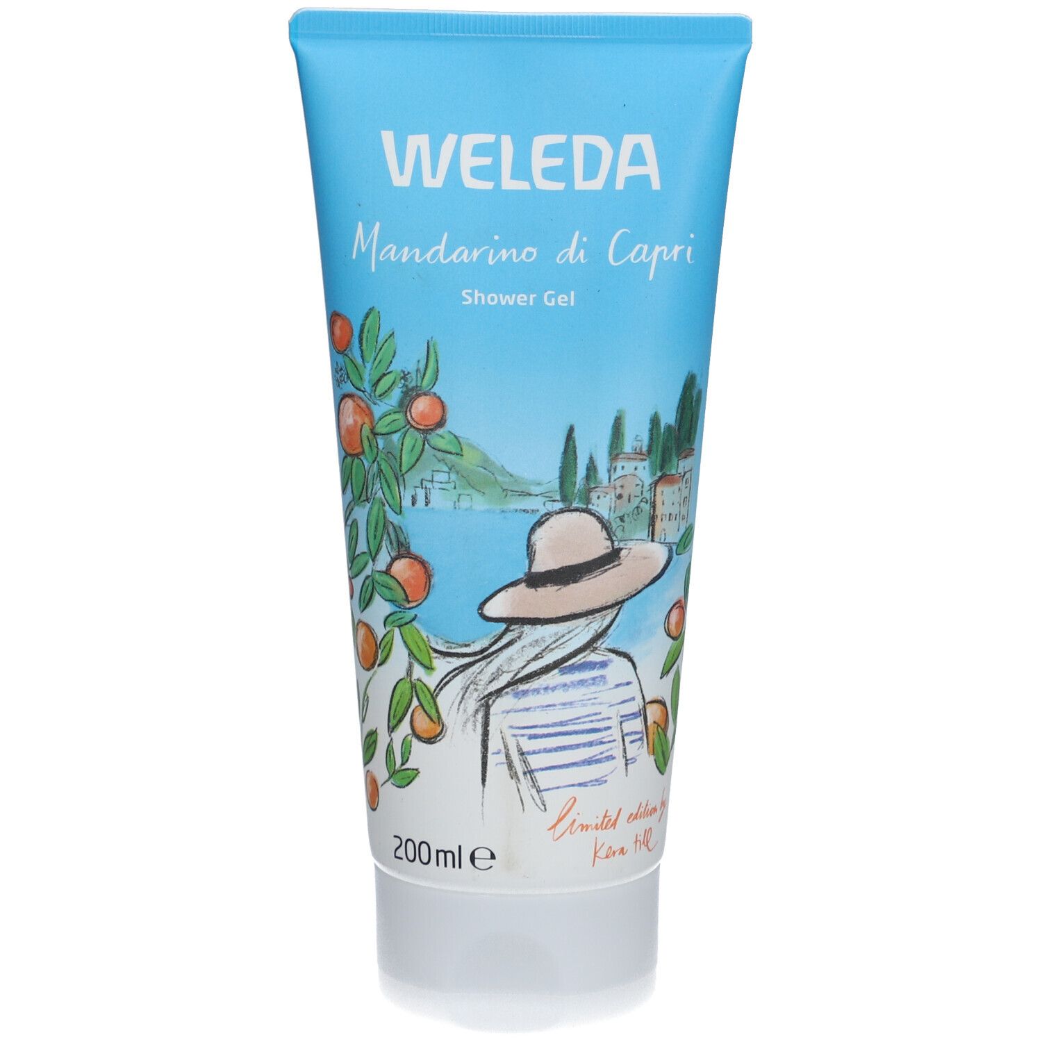 Lichtblauwe tube met Weleda-logo en Mandarino di Capri. Illustratie van vrouw met hoed, uitzicht op zee. 200ml.