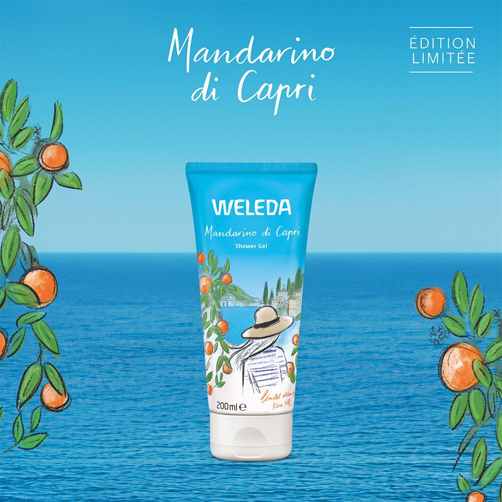 Tube bleu clair Weleda Mandarino di Capri. Illustration d'une femme avec chapeau, vue sur la mer. 200ml.