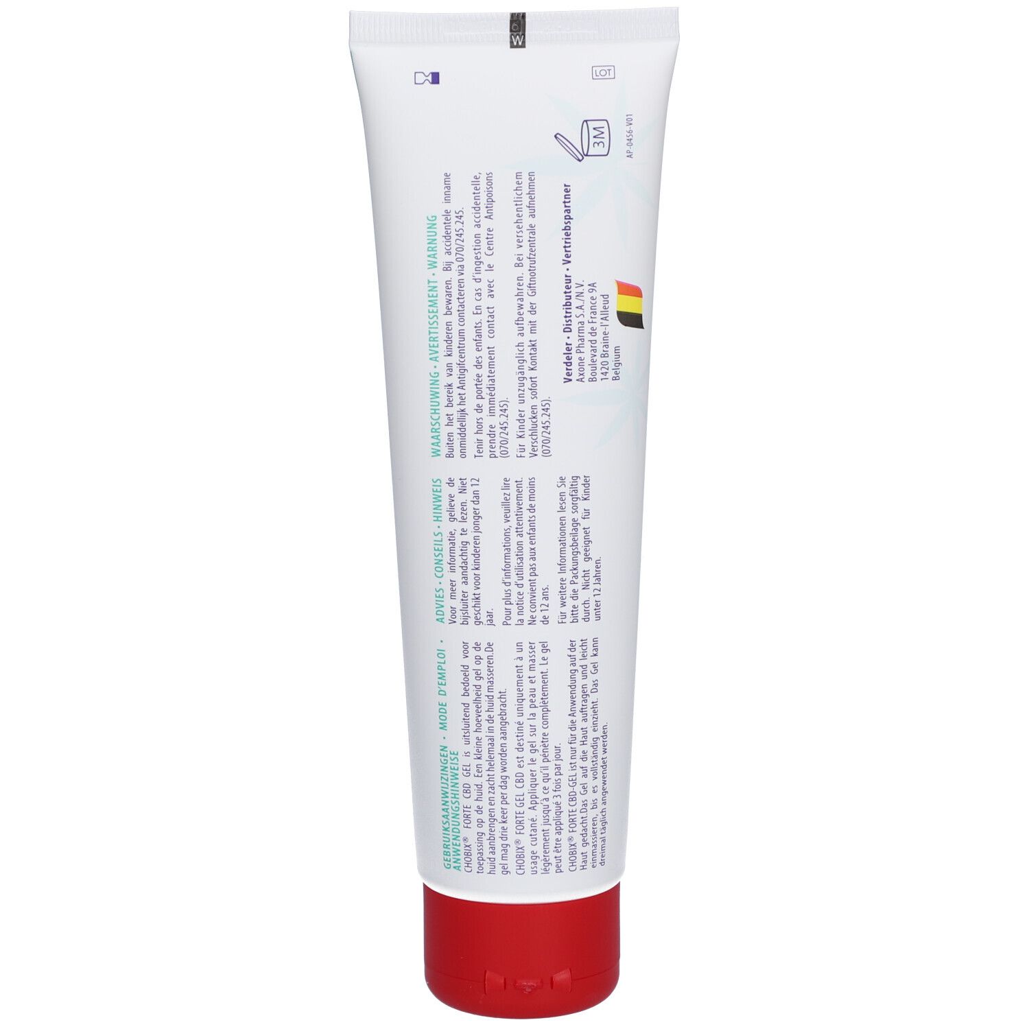 Rückseite einer Chobix Forte CBD Gel Tube mit Anwendungshinweisen.