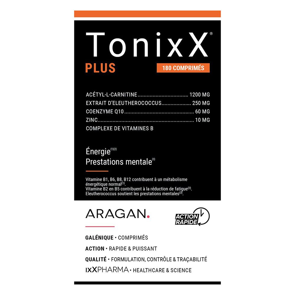 Boîte de Tonixx Plus, 180 comprimés. Fond noir, textes blancs et orange. Ingrédients et informations nutritionnelles détaillées.