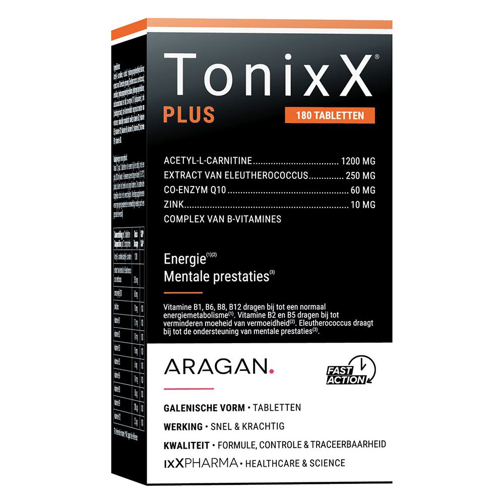 Boîte de Tonixx Plus, 180 comprimés. Fond noir, textes blancs et orange. Ingrédients et informations nutritionnelles.