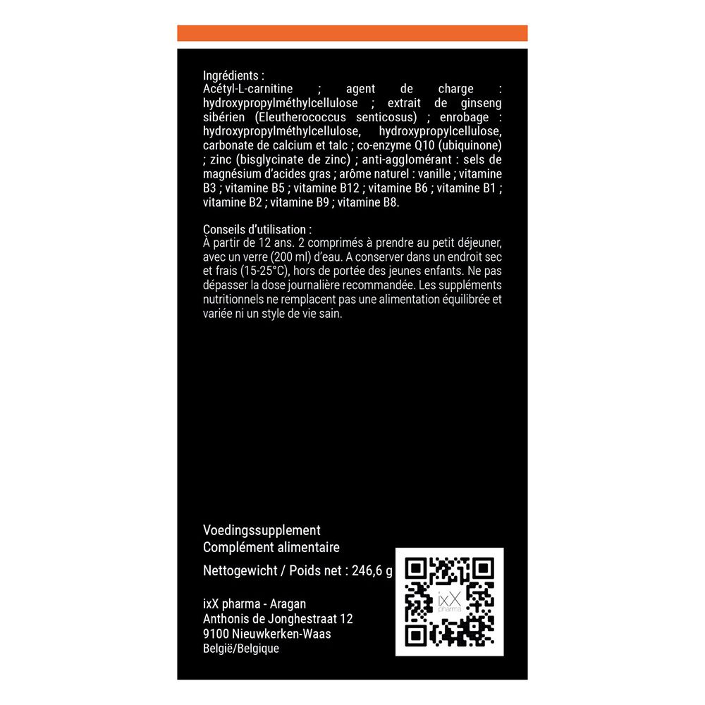 Dos de la boîte de Tonixx Plus. Ingrédients, instructions d'utilisation et coordonnées. Fond noir, texte blanc.