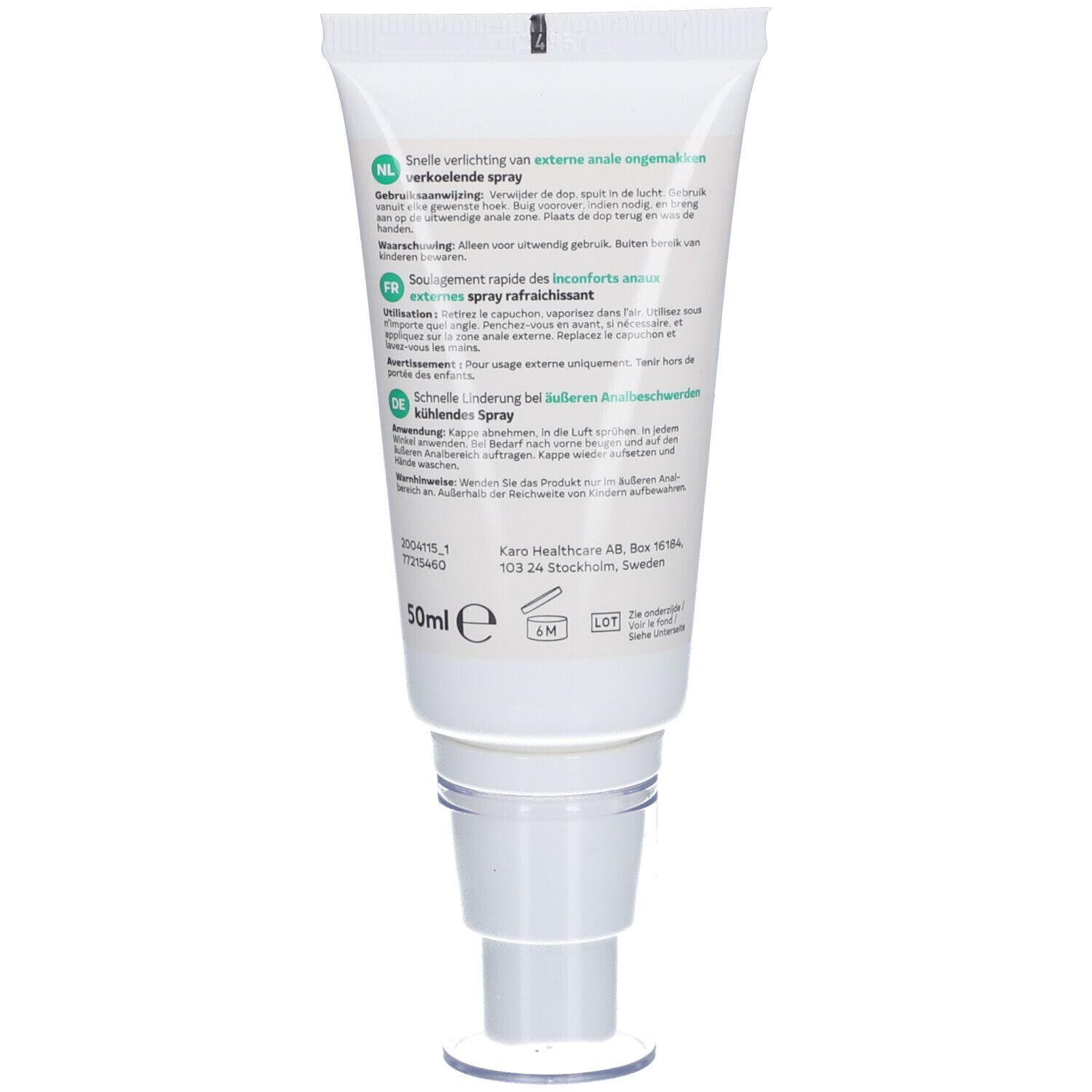 Rückseite der ActiProct Spray Tube. Text in mehreren Sprachen. 50ml. Herstellerinformationen.